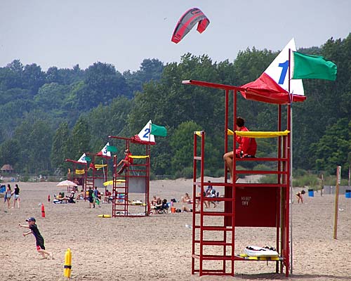 Port Stanley beach and lifeguard towers along Lake Erie, Ontario