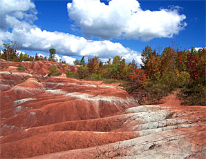 Cheltenham Badlands, Caledon, Ontario. White shale makes lines in the ground.