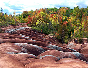 Cheltenham Badlands, Caledon, Ontario. Fall colours in trees.