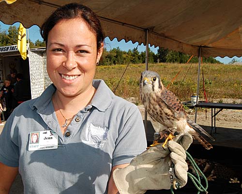 Acton Quarry open house - Jenn from Conservation Halton with an American Kestrel named Katy
