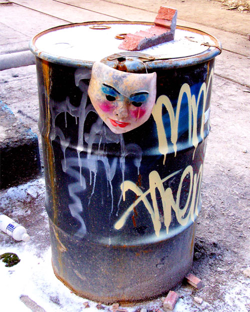 Toronto Don Valley Brickworks. Inside brick factory. Barrel with face mask.