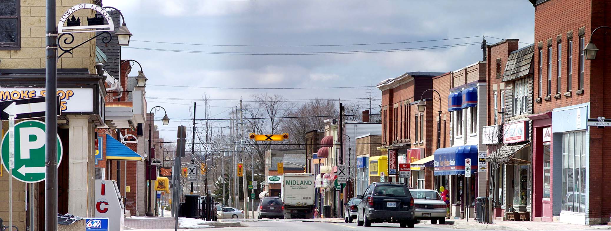 Mill St E, Acton, Ontario. Downtonw on Highway #7 looking west towards Highway #25