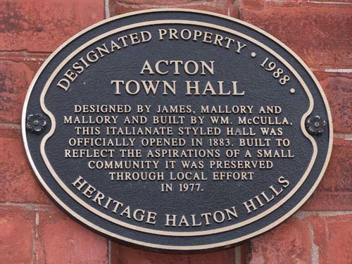 Acton Ontario's old town hall - historic plaque