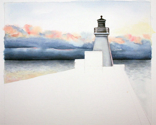 Port Dover, Ontario lighthouse. Early stages of painting by Ann Hamilton.