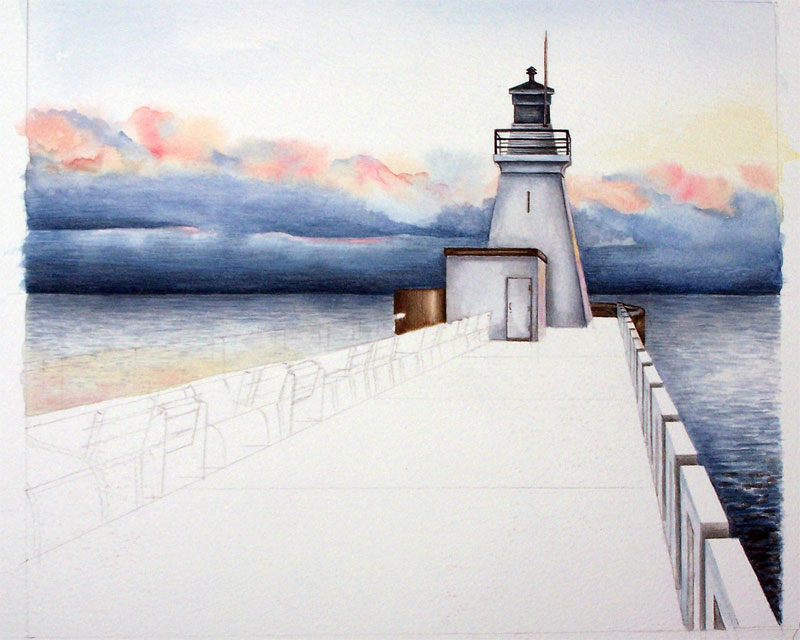 Port Dover lighthouse watercolour painting by Ann Hamilton. Work in progress.