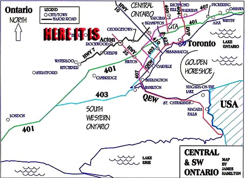 map of southwestern and central Ontario, showing location of Acton