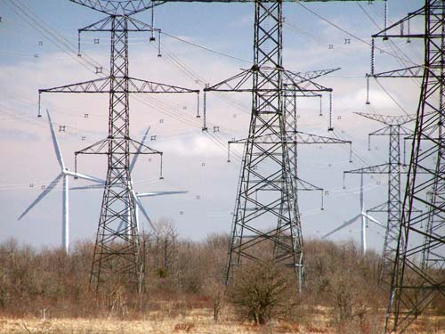Lake Huron Wind Farm beside transmission towers